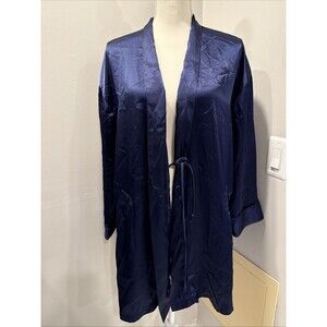Victoria's Secret Kimono Robe Womens O/S Navy Blue Tie Waist Satin NO TIE Pocket